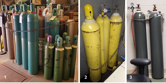 Examples of improperly secured gas cylinders.